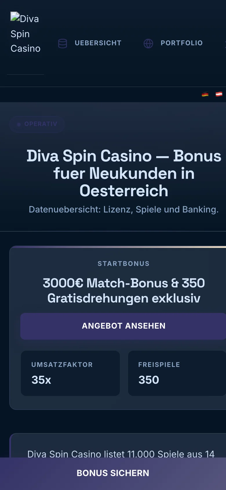 Diva Spin Casino mobile lobby screenshot