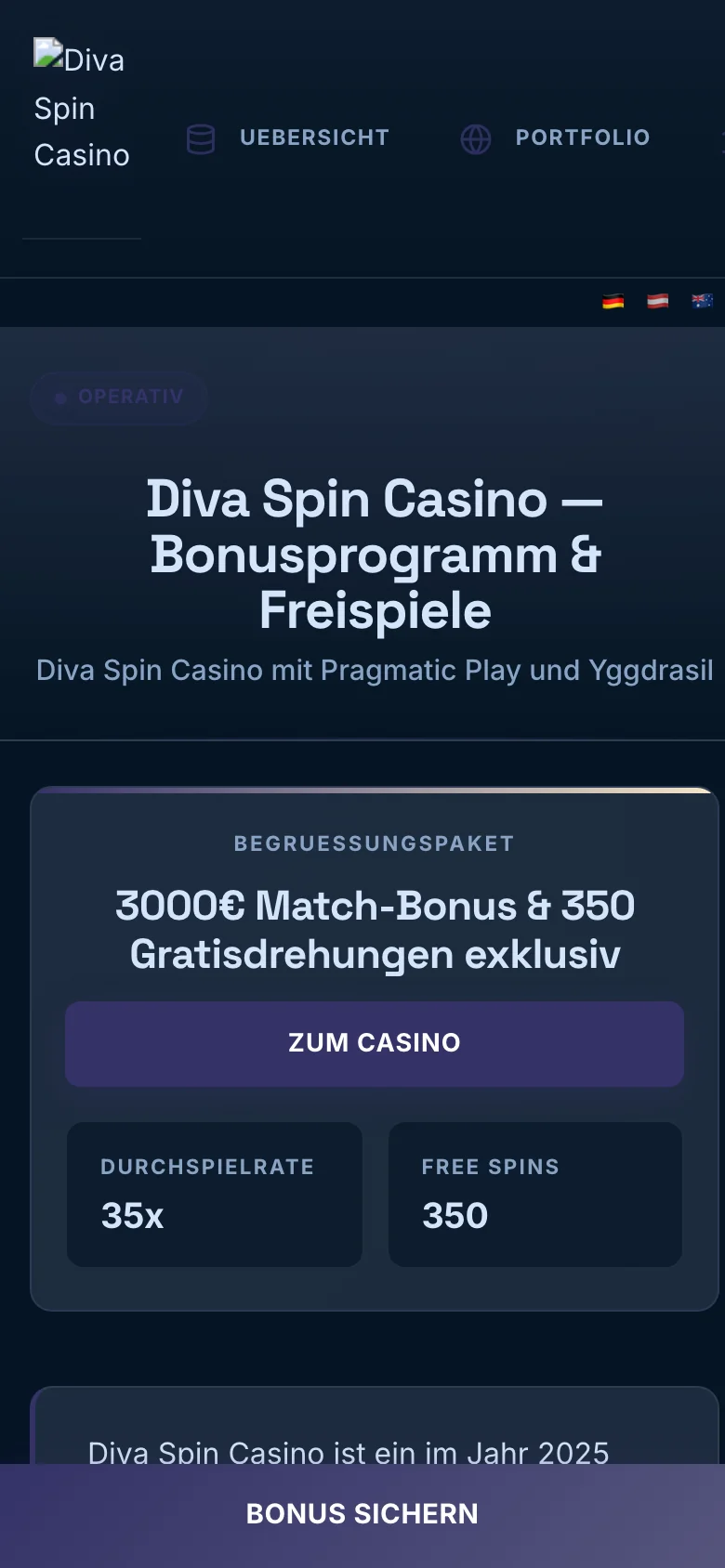 Diva Spin Casino mobile lobby screenshot