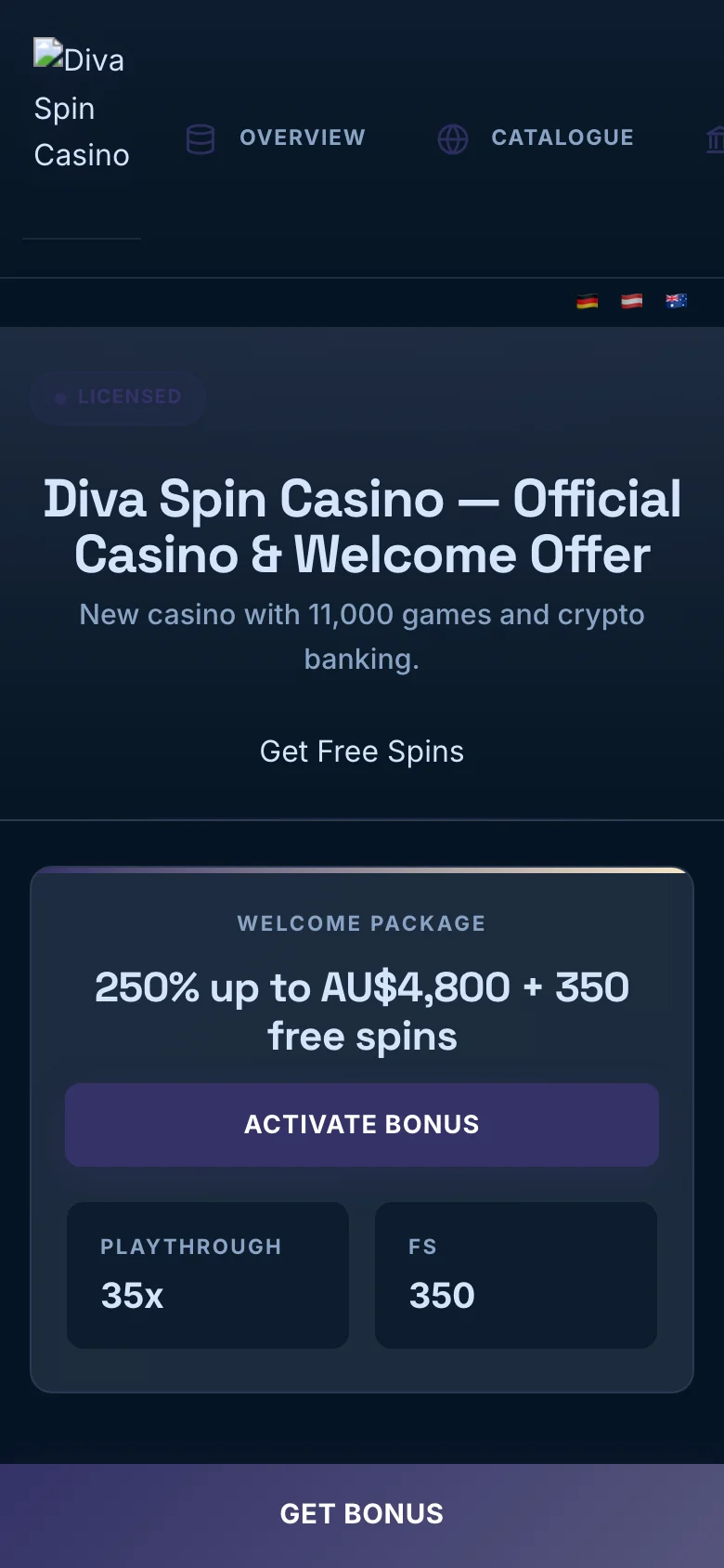 Diva Spin Casino mobile lobby screenshot